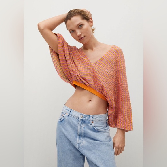 Mango Tops - MANGO Combined Cropped Knit Top With Opening XL pink & orange